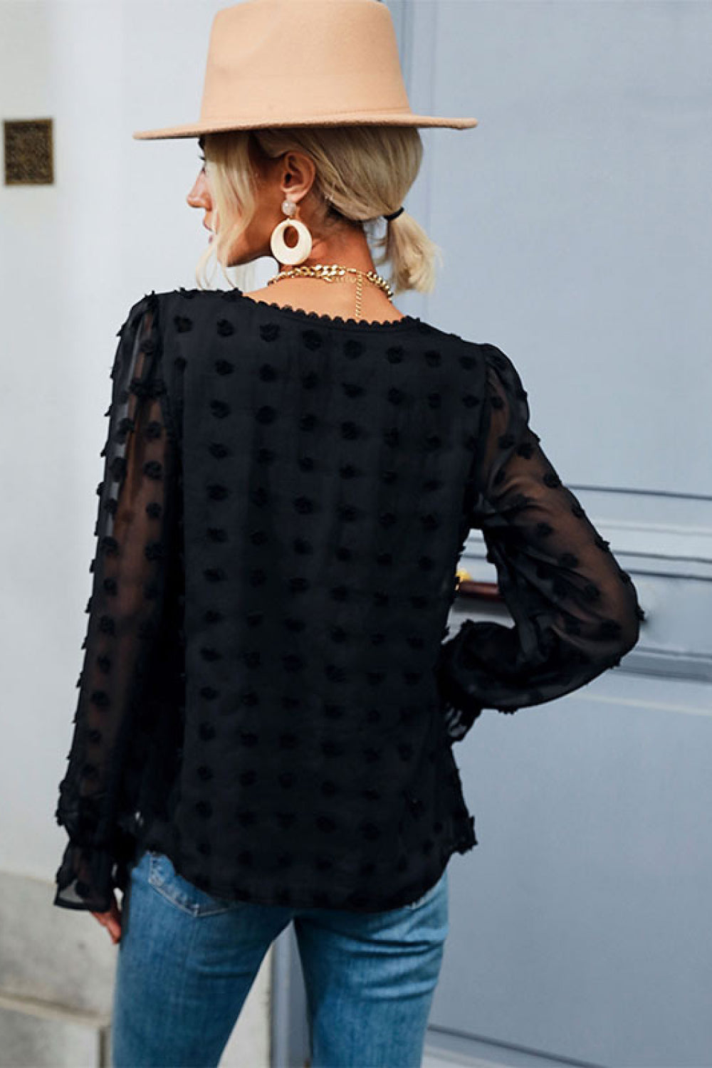 Perfee Swiss Dot Peplum Blouse